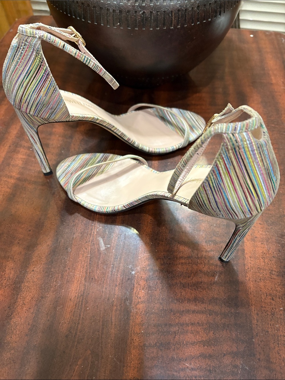 Stuart Weitzman Multicolored Striped Ankle-Strap Heels